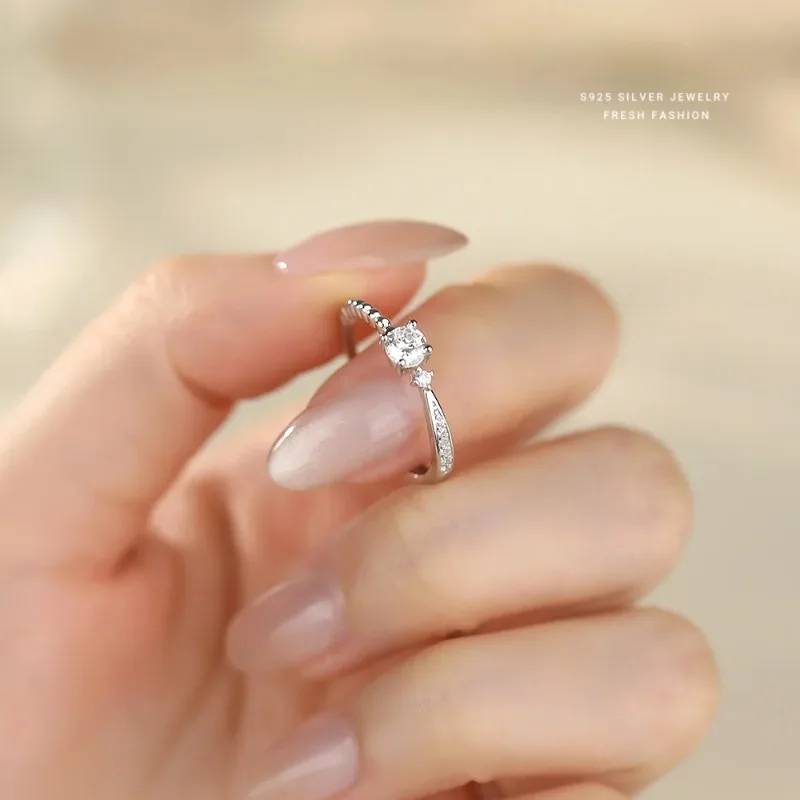 Real 925 Sterling Silver Geometric Adjustable Round Sparkling Zircon Ring for Women Trendy Fine Jewelry Light Luxury Accessories
