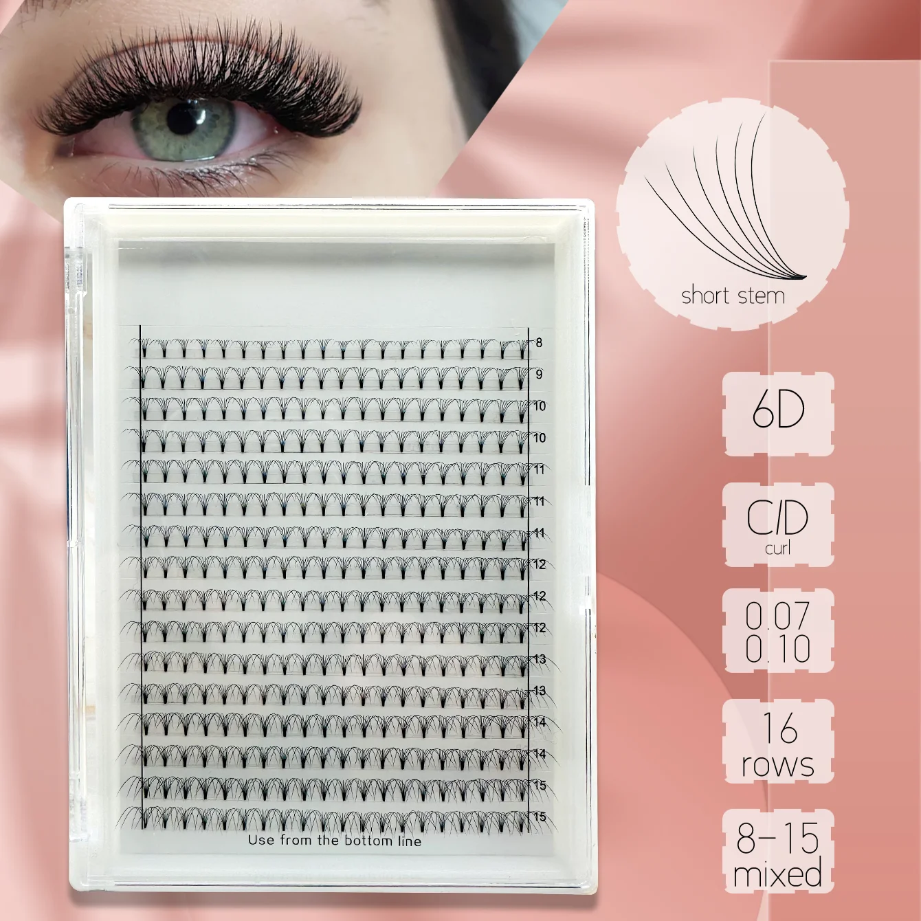 6D Premade Volume Eyelash Fans, Short Stem,Ultra Dark Black C/D Curl, 0.07/0.10mm, 8-15mm, Premium Korean PBT, 320Pcs