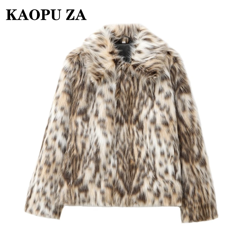 KAOPU ZA 2024 Autumn New Lady Chic Button Faux Fur Top Jacket Fashion Winter Woman's Turn-down Collar Long Sleeve Coat LEOPARD