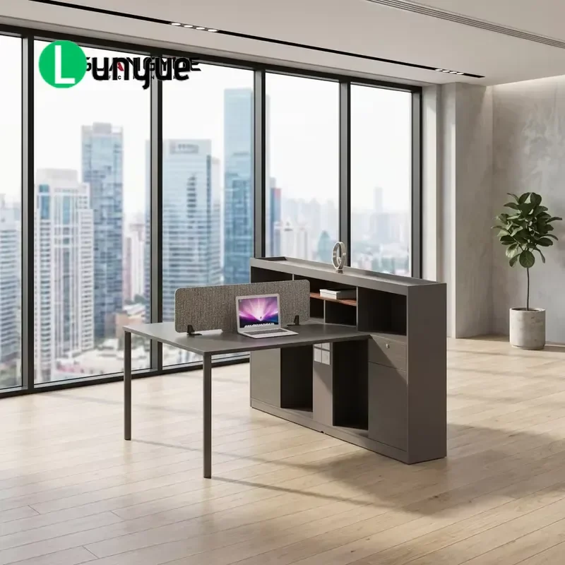 Modern Two Person Workstation with Large Lockers Privacy Panels for Open Plan Office Space Saving Durable Furniture