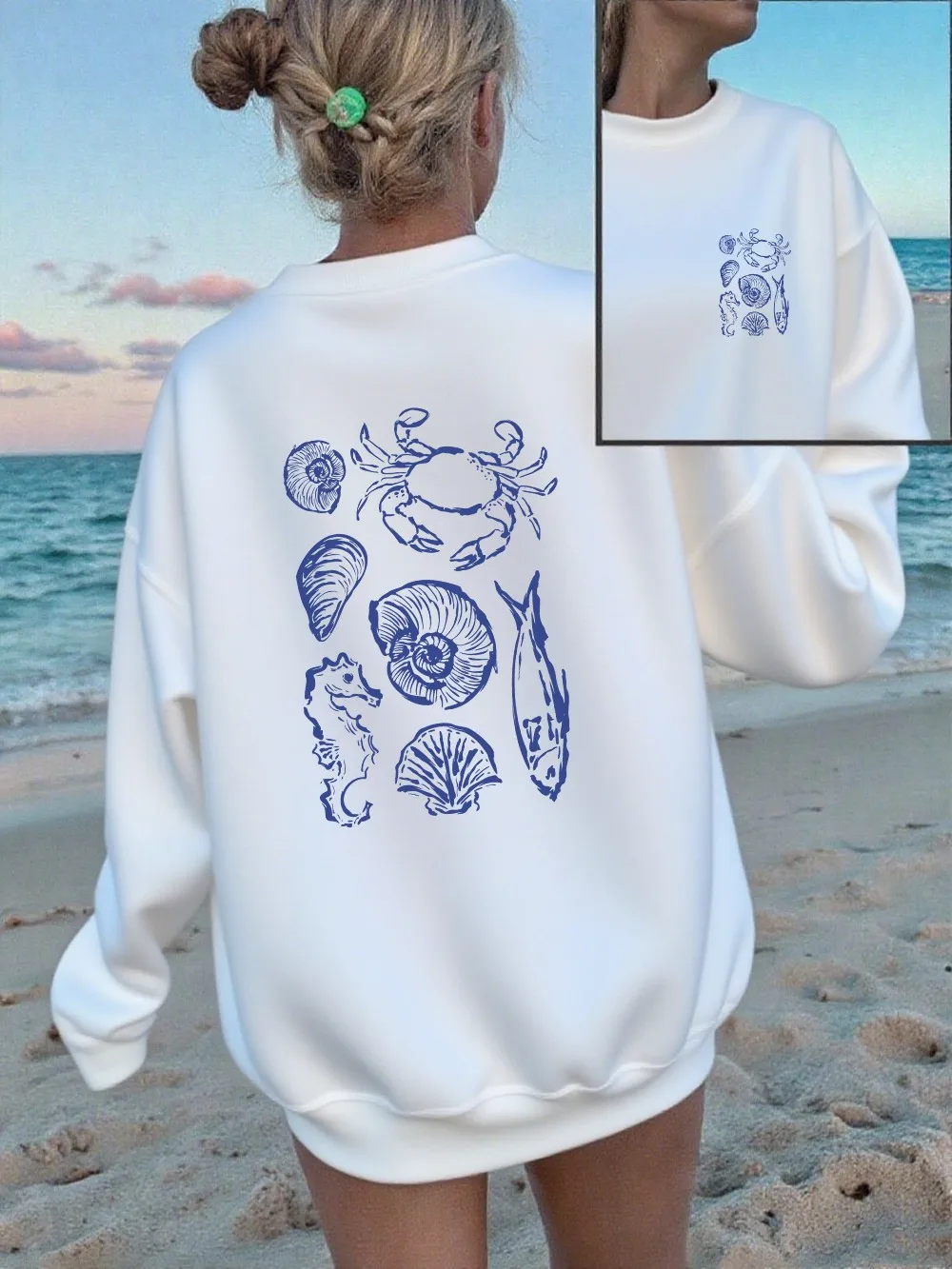 Ocean Element & Seashell Prints Sweatshirts Damen Weiches Fleece Warme Hoodies Winter Lose Pullover Lässige Rundhals-Damenkleidung