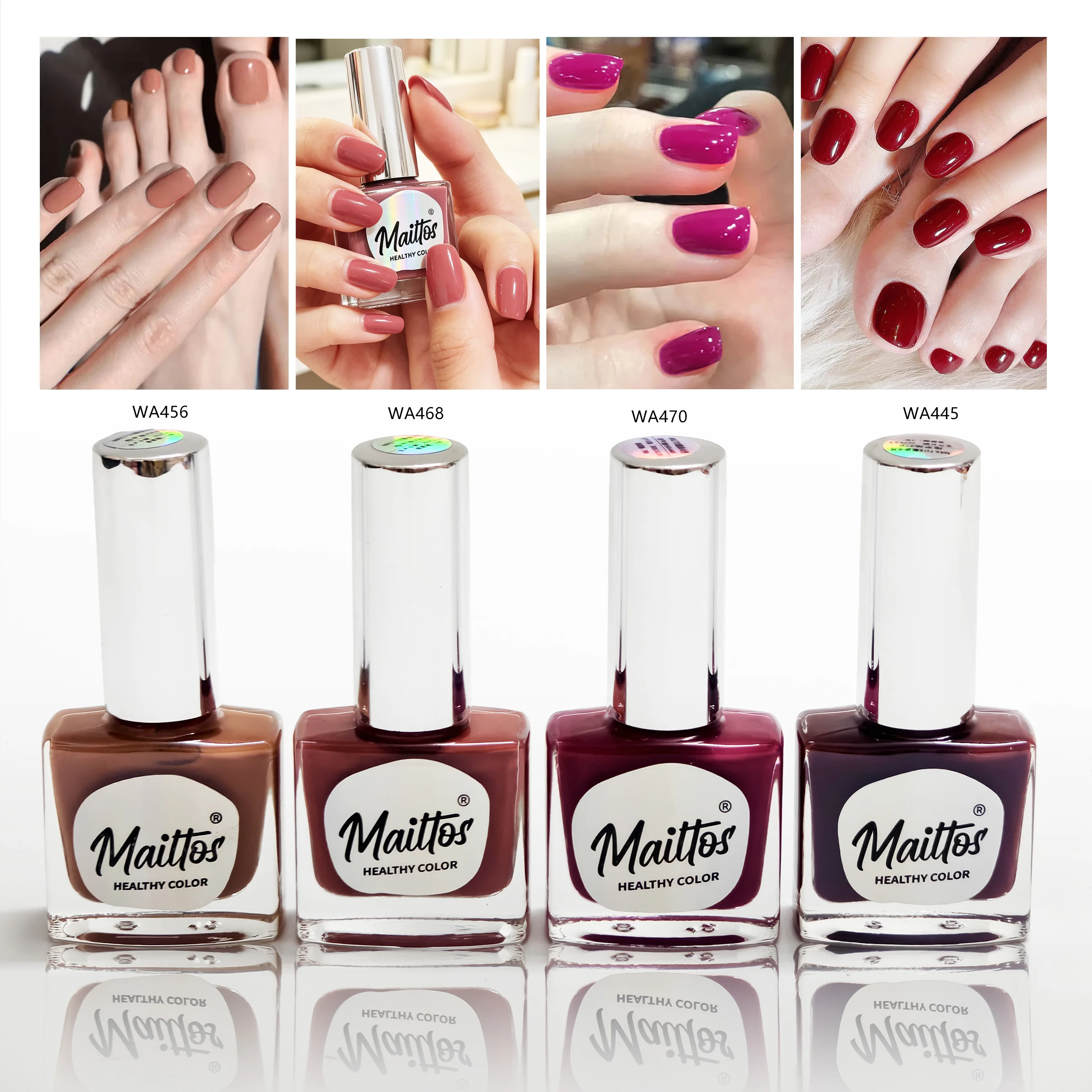 

12mlx4 [445/456/468/470]Pink, Nude, Red, light pink Water-based Nail Polish, Oderless, dry quickly, No need UV lamp, easy tear