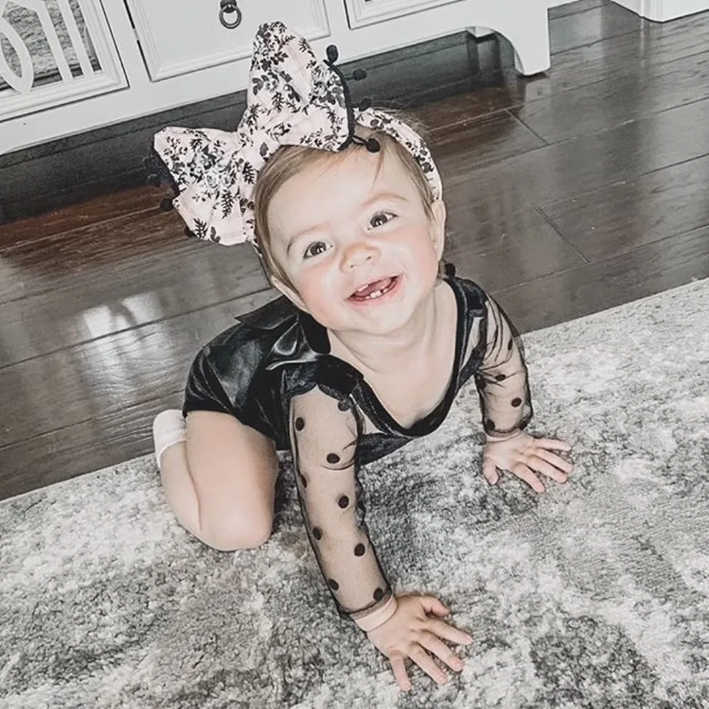 Baby Girls Bodysuits Mesh Sleeve Romper Black Round Collar Velvet Jumpsuit 0-18 Months