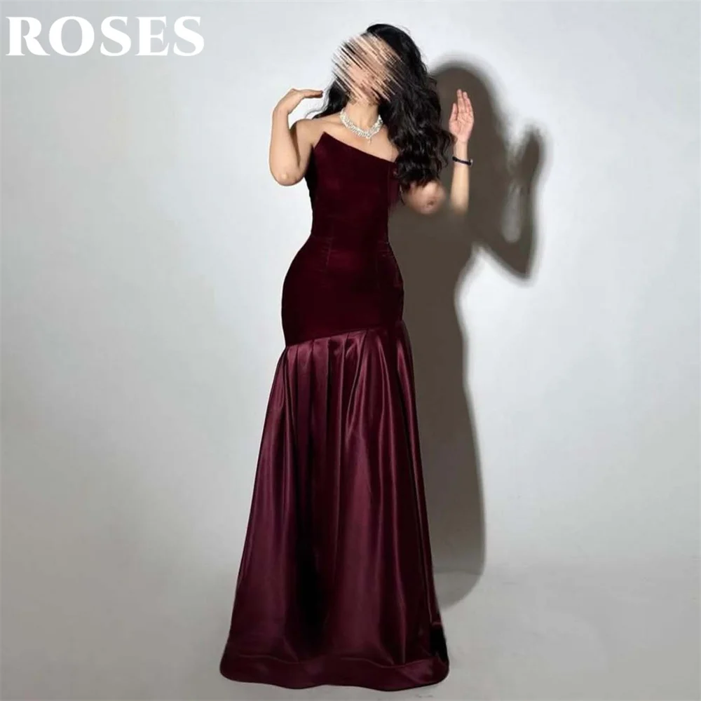 

ROSES Burgundy Stain Elegant Party Dress Trumpet Pleats Saudi Arabia Night Dress Sleeveless Celebrity Dress for Woman Customized