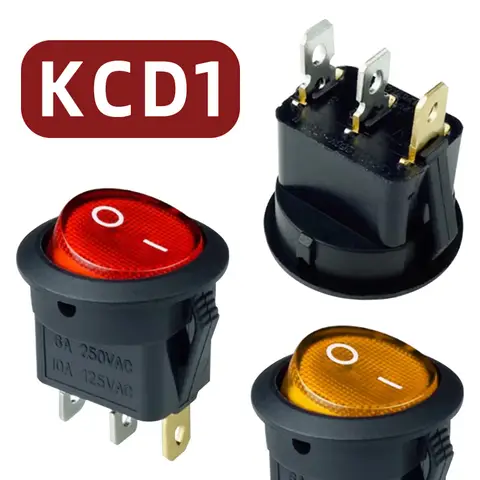 Interruptor rocker de 3 pinos spst 12v/220v kcd1 botão redondo interruptor liga/desliga com luz led vermelho amarelo azul verde lâmpada