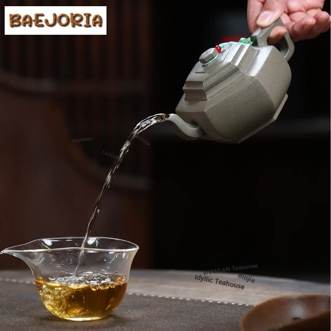 300ml Ancient Yixing Purple Clay Teapots Handmade Green Steps Hexagonal Pot Raw Ore Livid Section Mud Kettle Zisha Tea Set Craft