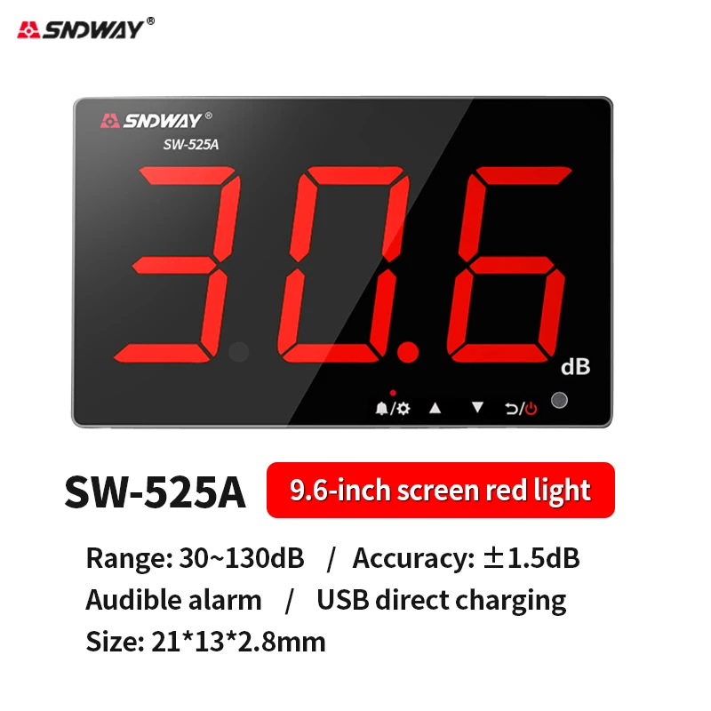 SNDWAY Digital fonometro SW-525A a parete Decibel metro 9.6 pollici 30-130dB grande schermo appeso tipo rumore dB metro