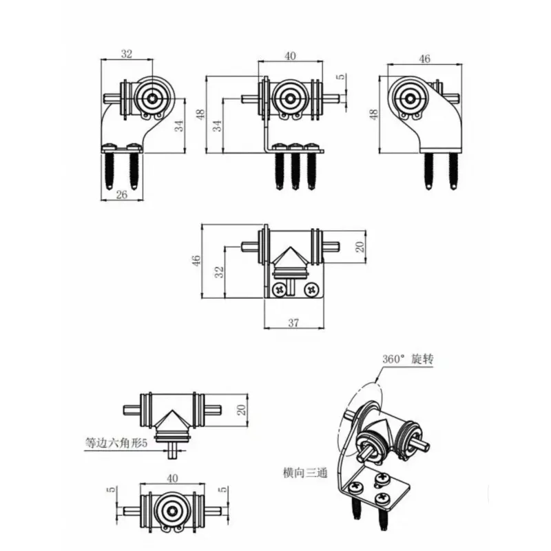 1:1 3-Way Steering Gearbox Equipment Bearing Transmission Gearbox 0.8M 5MM HEX Stainless Steel Shaft AngleTransmission
