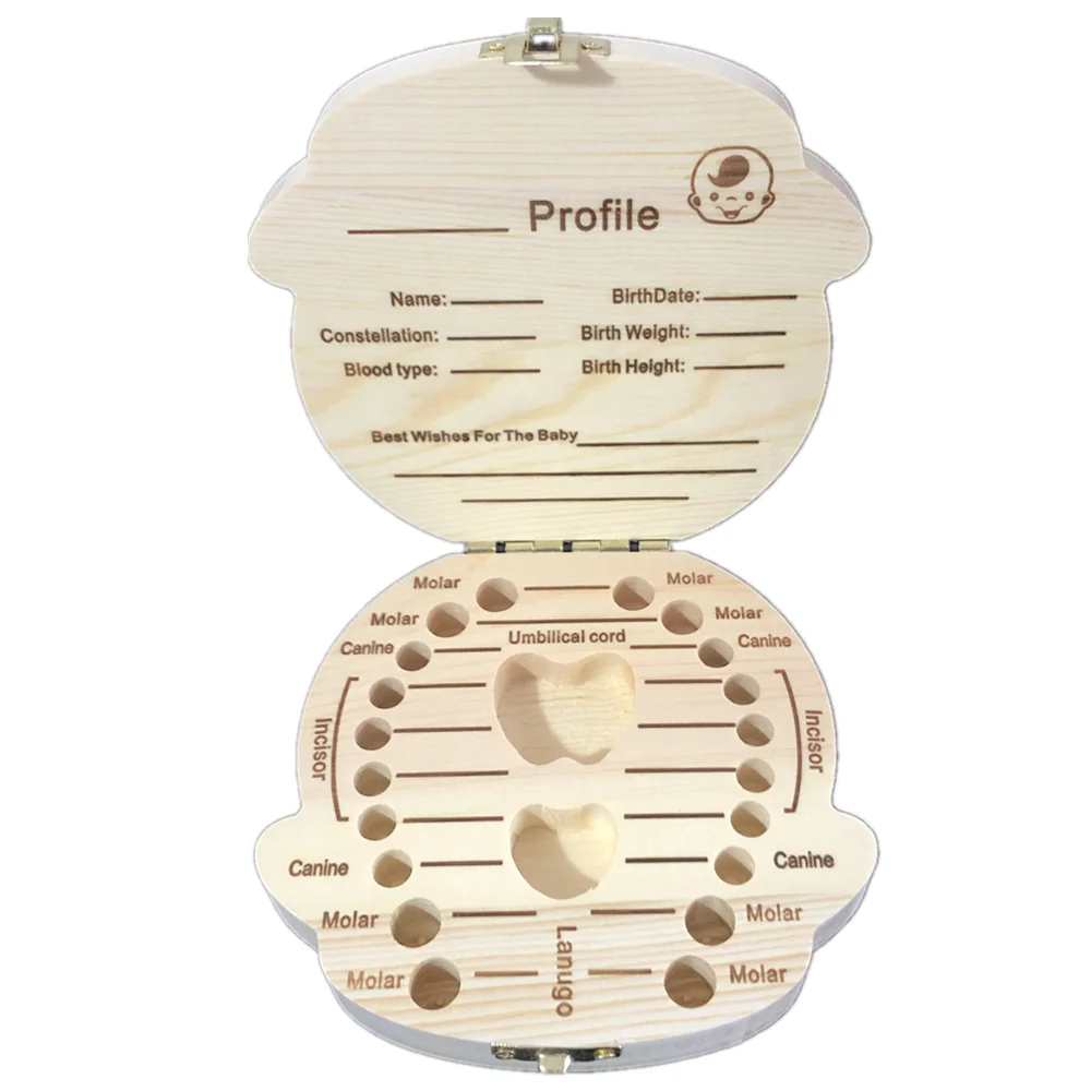 Caja de madera para guardar los dientes de los bebés, inglés/español/francés/ruso/italiano, organizador de los dientes del lanugo, umbilical,