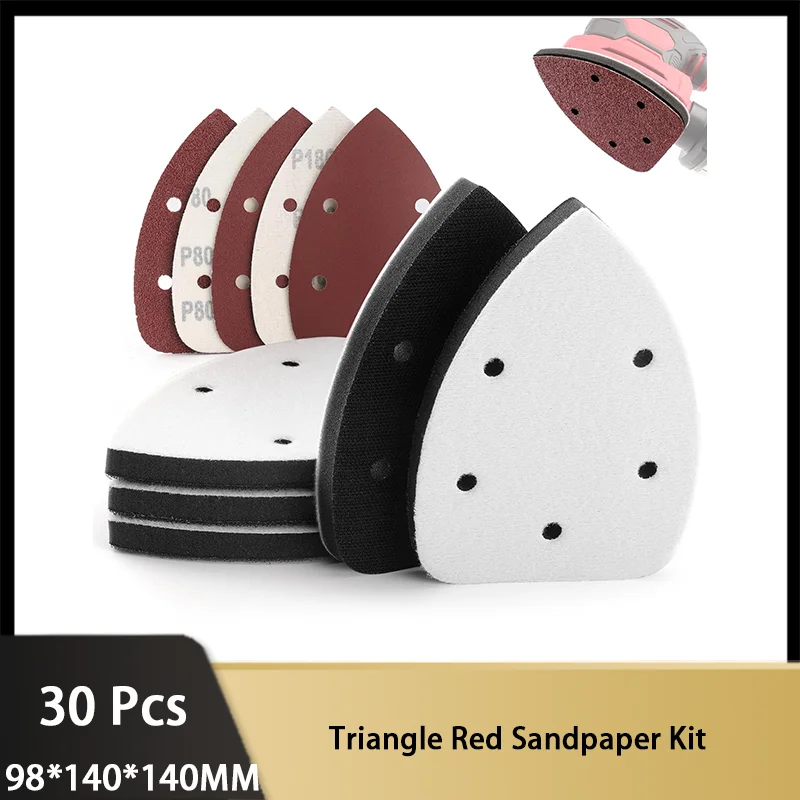 

98*140*140MM Hook and Loop 5 Holes Mouse Sandpaper Kit 30 Pcs with Interface Pad Assorted Grits 40-240 for Detail Sanding