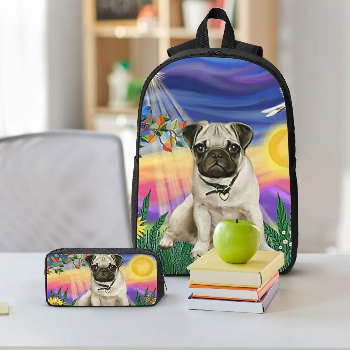 Twilight With A Pug Backpack Student BookBag School Bag Shoulder Bags 3ps Insulated Lunch Bag Pencil Case