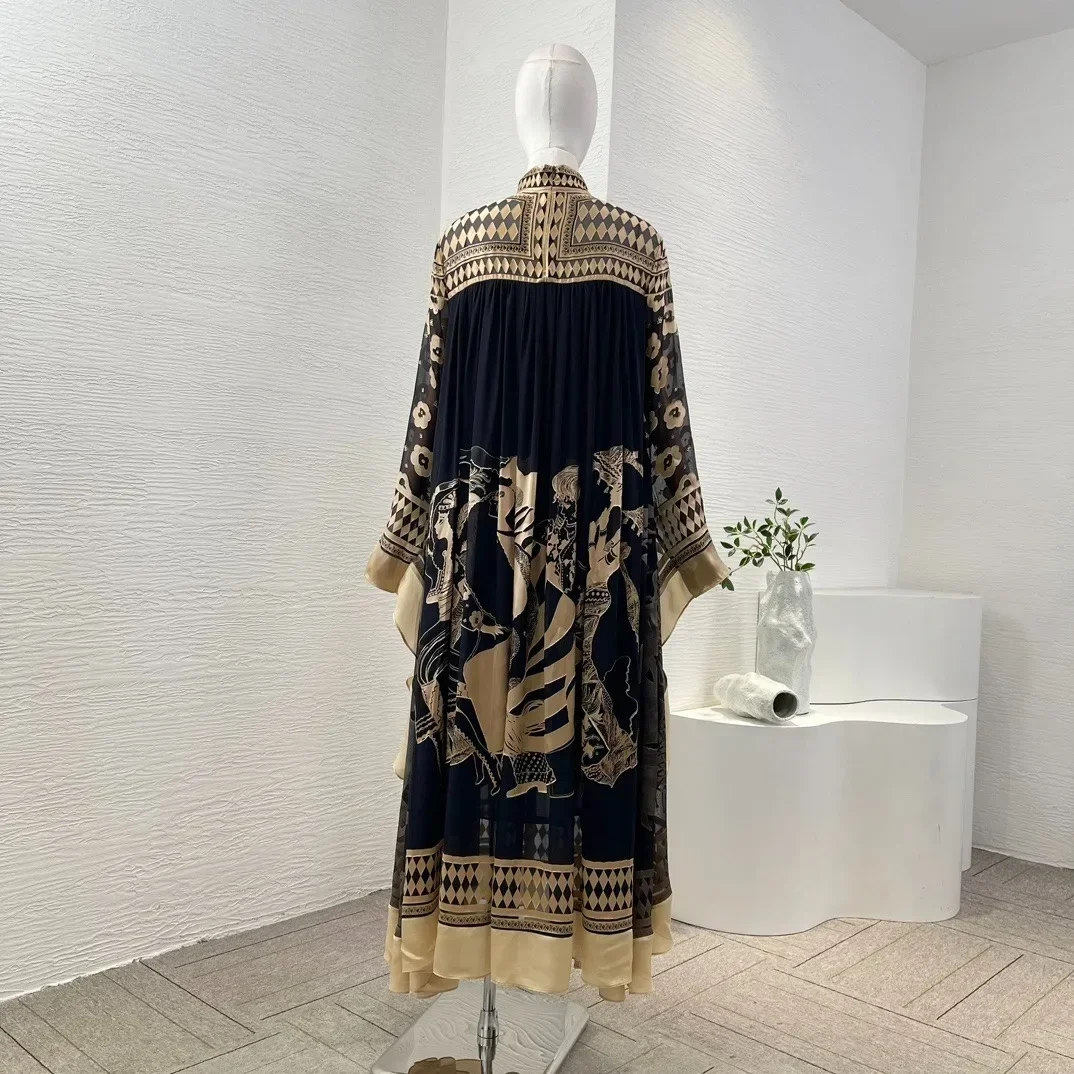 2024 New Silk High Quality Autumn Black Illustration Print Long Sleeve Stand Collar Maxi Dress for Women