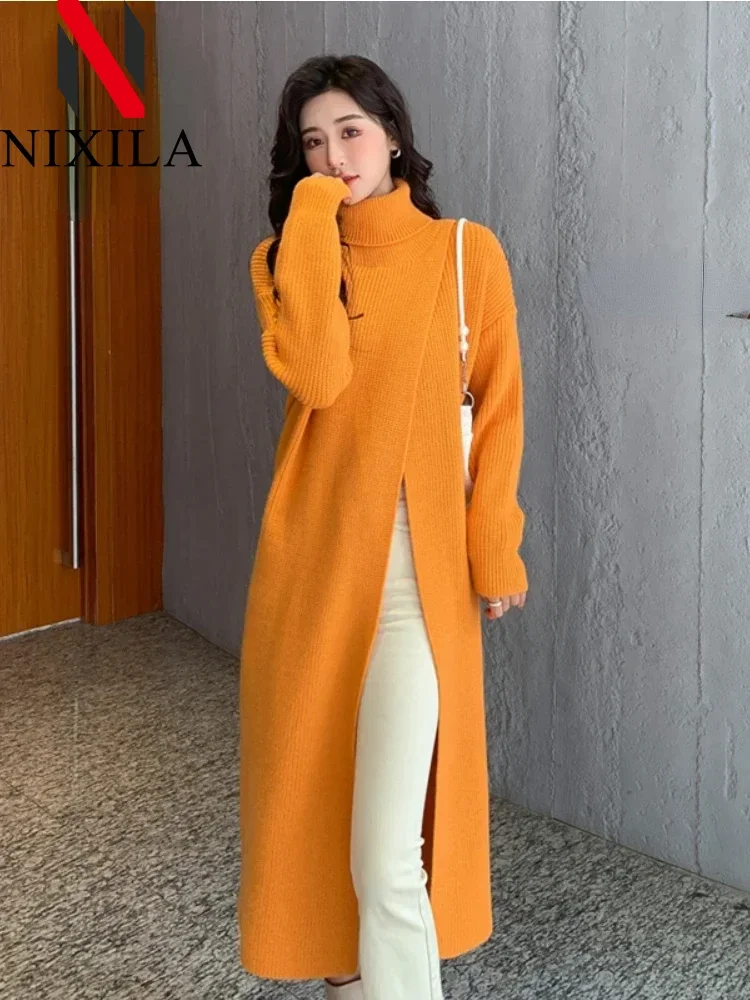 

New in Autumn Winter Women Knitted Sweater Long Dresses High Necked Split Loose Pullover Dress Casual Temperament Women Clothes