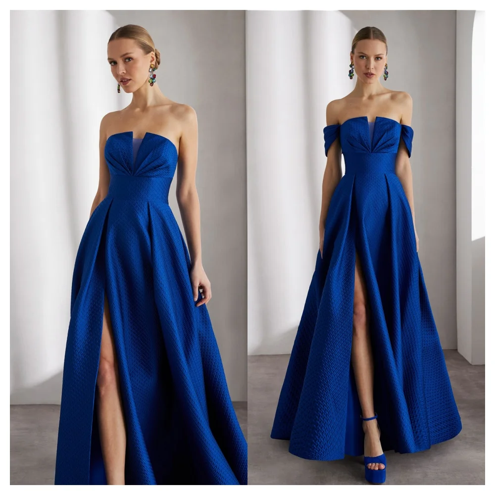 Vestido de noche elegante personalizado de Jersey azul, vestido de fiesta sin mangas con cuello barco moderno y hombros descubiertos, vestidos de celebridades de moda