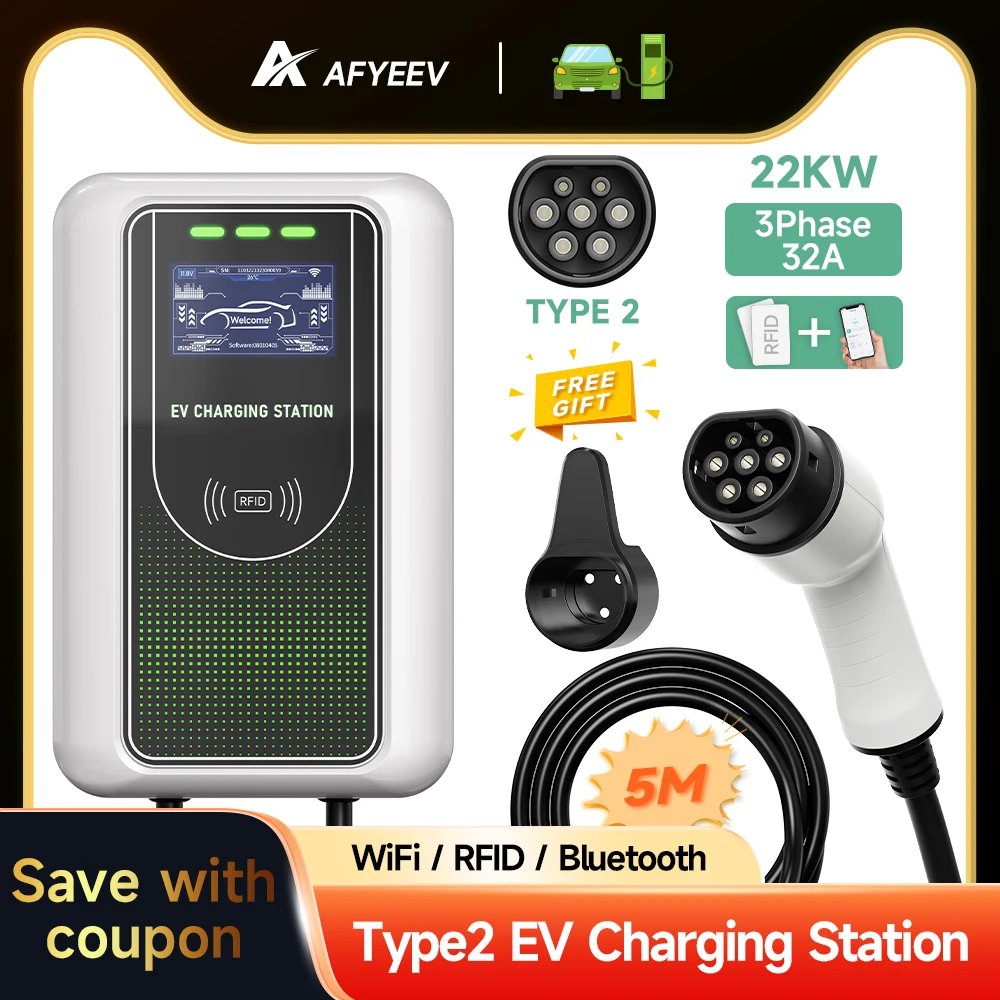 AFYEEV EV Charger 32A 7KW Electric Vehicle Car Charger EVSE Wallbox 11KW 22KW 3Phase Type2 Cable IEC62196-2 Socket APP Control