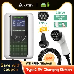 AFYEEV-cargador EV para coche y vehículo eléctrico, dispositivo de carga de 32A y 7kW, EVSE Wallbox de 11kW y 22kW, Cable tipo 2 trifásico, enchufe de IEC62196-2, Control por aplicación