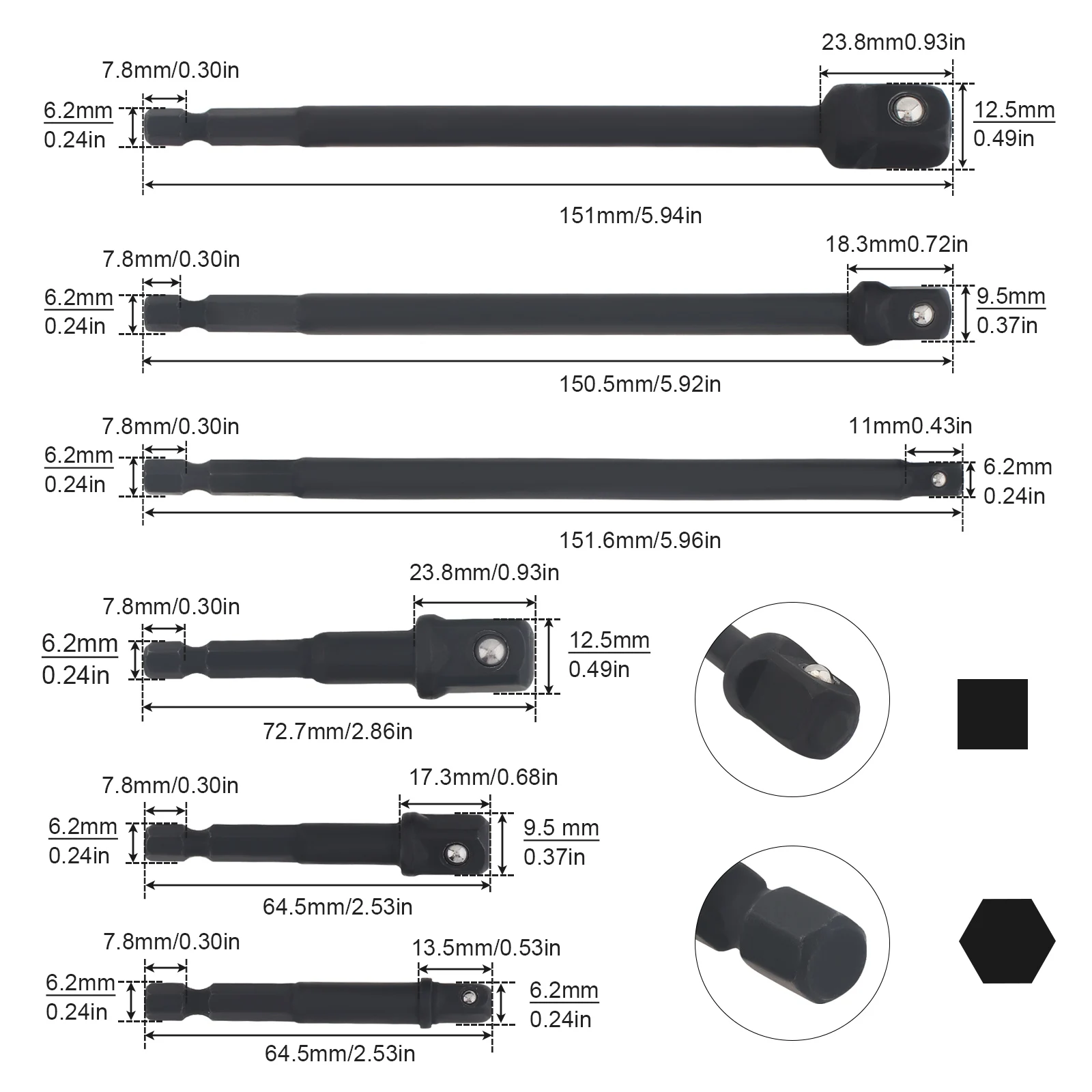 6 pz/set Set di adattatori per prese a percussione adattatore per trapano elettrico con gambo esagonale da 3 pollici 6 pollici 1/4 pollici 3/8 pollici 1/2 pollici