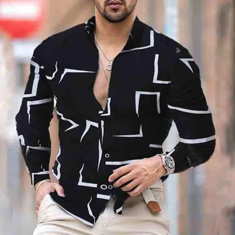 2024 European Independent Station Spring Summer men's slim long sleeve shirt geometric print casual trend high street shirt