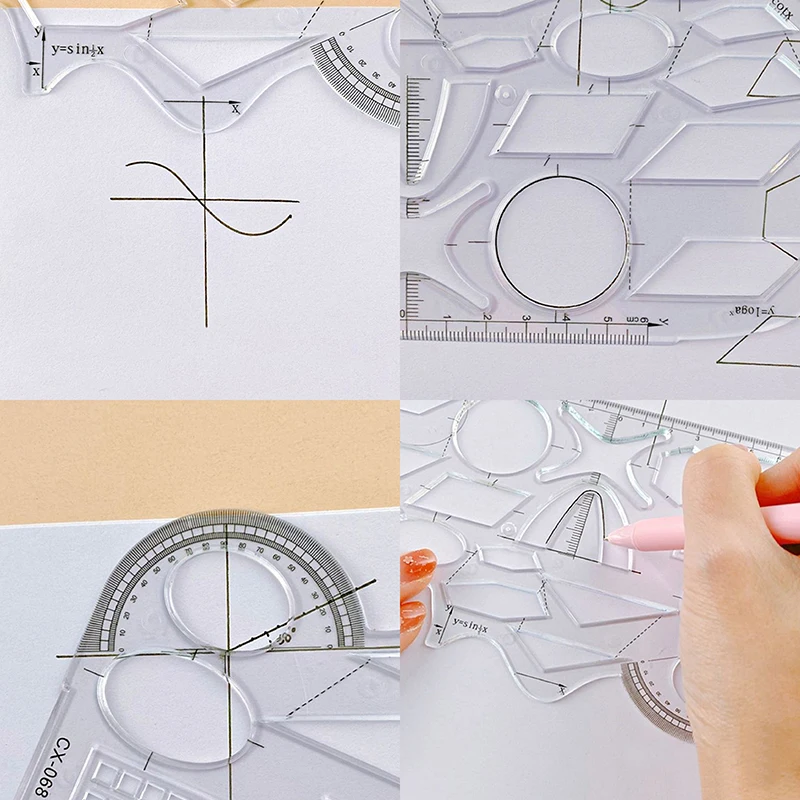 Multifunction Rotatable Drawing Template Art Design Construction Architect Stereo Geometry Circle Drafting Measuring Scale Ruler