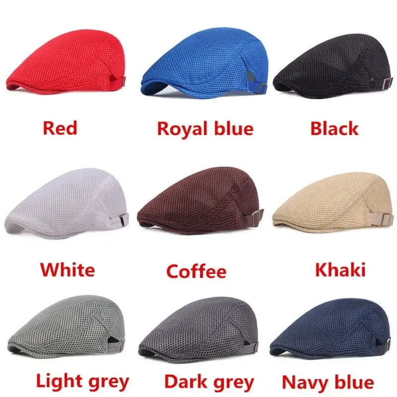 Men Breathable Beret Hat Mesh Summer Peaked Cap Newsboy Style Golf Hat Adjustable Gatsby Hat & Caps