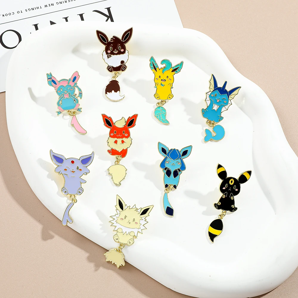 Cute Evolution Fox Monster Dangle Enamel Pins - Metal Lapel Brooch Badges with Hanging Tail Charm Cartoon Character Pins for Fan