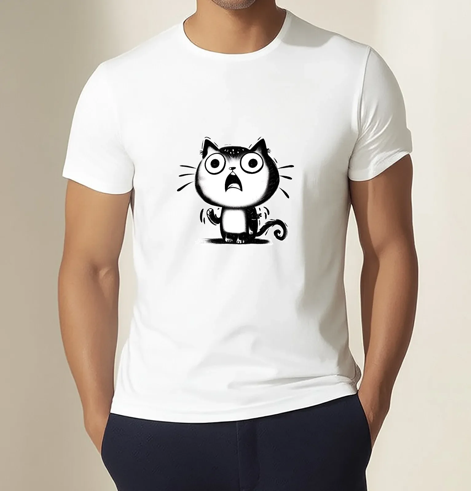 Funny Surprised Cat Cartoon T-Shirt Black & White Expressive Tee Unisex Shirt