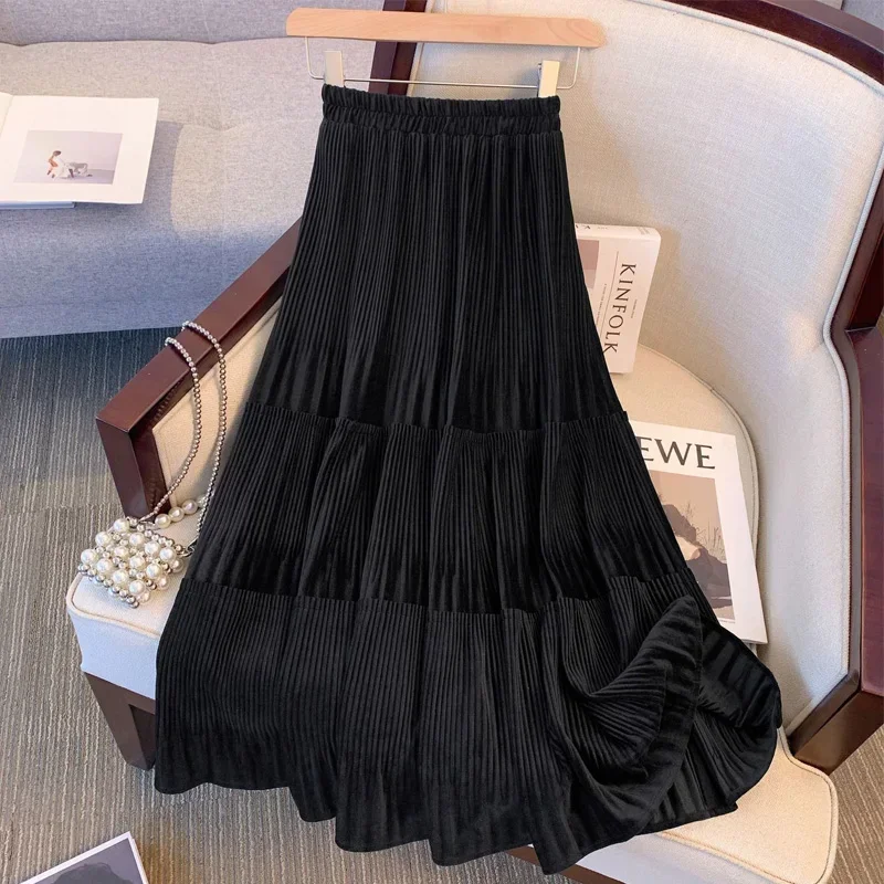 Women High Street Casual Pleated Elegant All-match Female Clothing Autumn Winter Solid Color Fashion Elastic Waist A-line Skirt