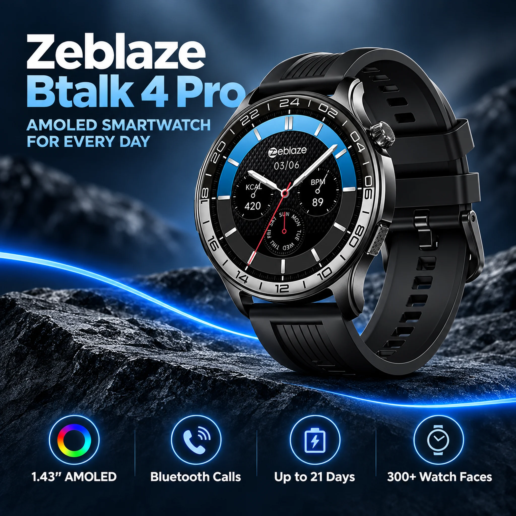 Zeblaze BTALK 4 Pro Smartwatch 1.43" AMOLED Pantalla Siempre Activa Llamada Bluetooth Teclado Batería 21 Días IP68 Resistente Agua Ritmo Cardíaco SpO2 Sueño 300+ Esferas Reloj Inteligente Deportivo Hombre Mujer