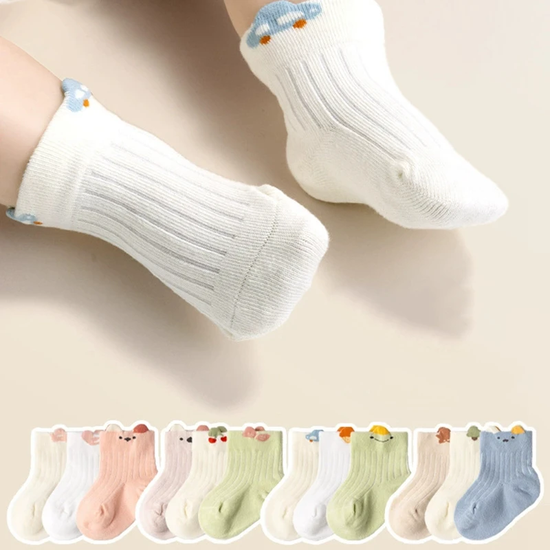 Baby Cotton Socks with 3D Ears for Toddler 0-6 Years Soft Breathable Indoor Floor Socks Cute Animal Print Photo Prop 3 Pairs/Set