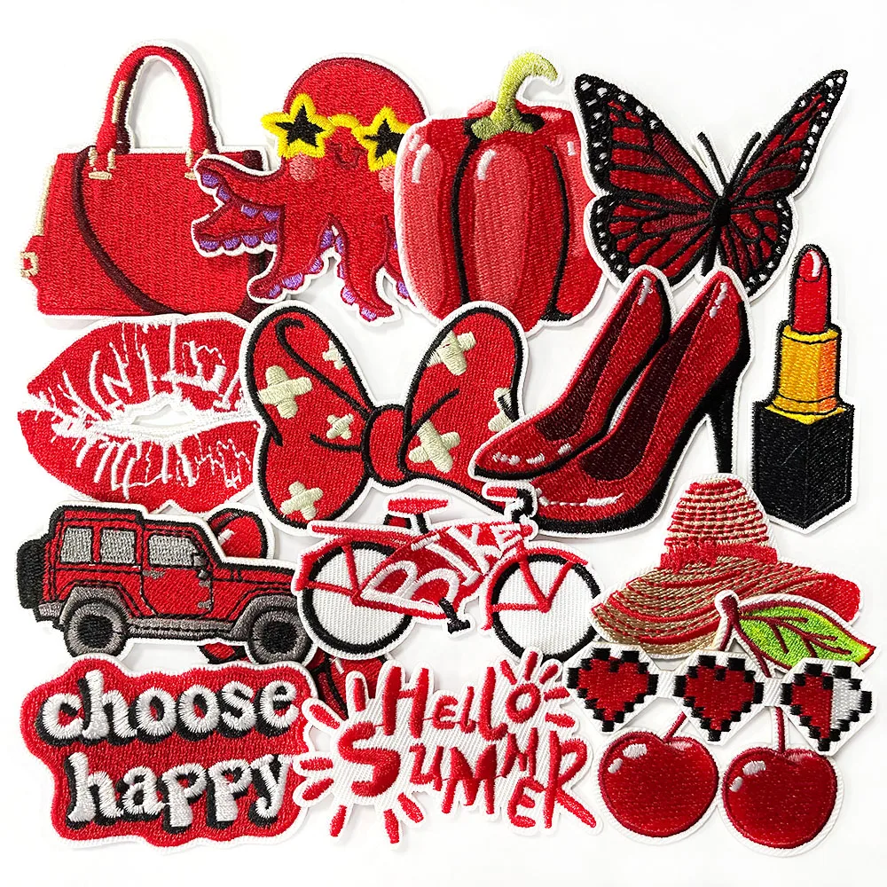 16-piece set of Red Romantic Lips Letter Butterfly Hat Cherry Bicycle Backpack Embroidered DIY Cloth Patch With Ironed