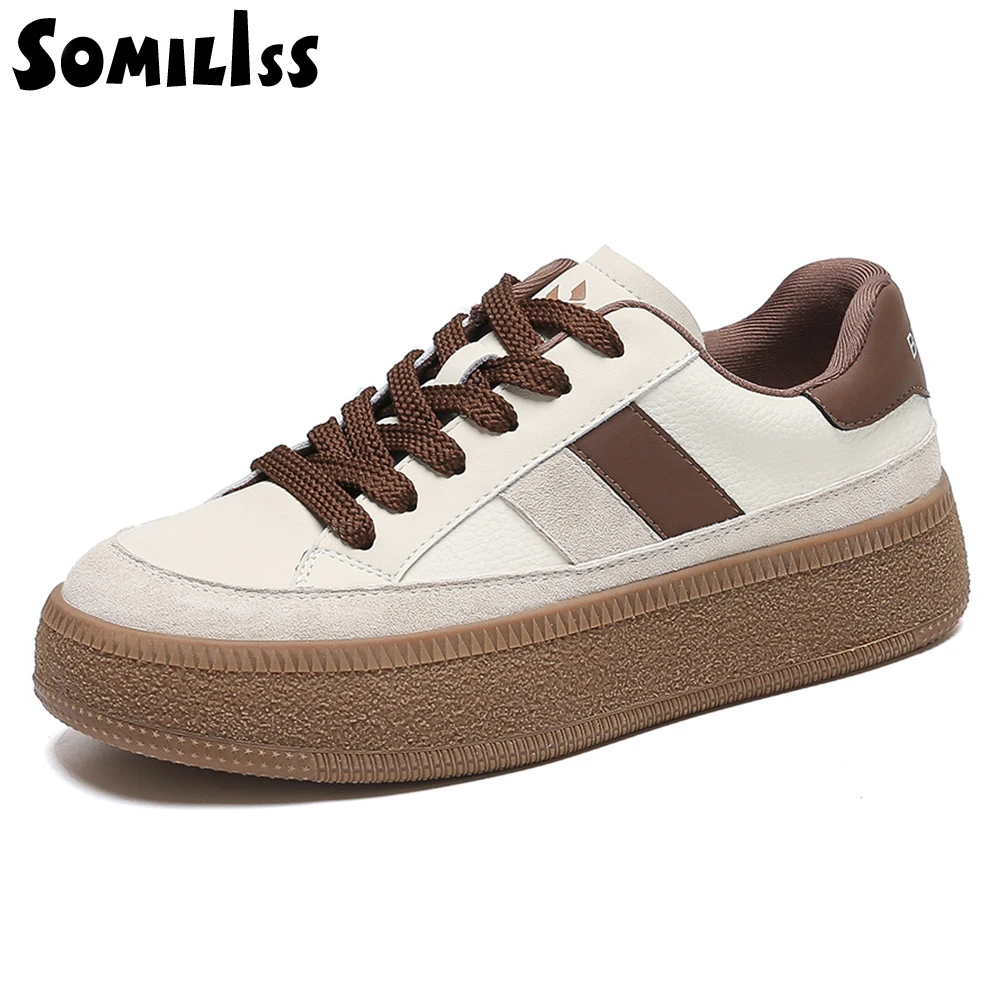 SOMILISS Women Sneakers Genuine Leather Suede Leather Patchwork Lace-Up Round Toe Ladies Casual Sneakers Designer Brand Shoes