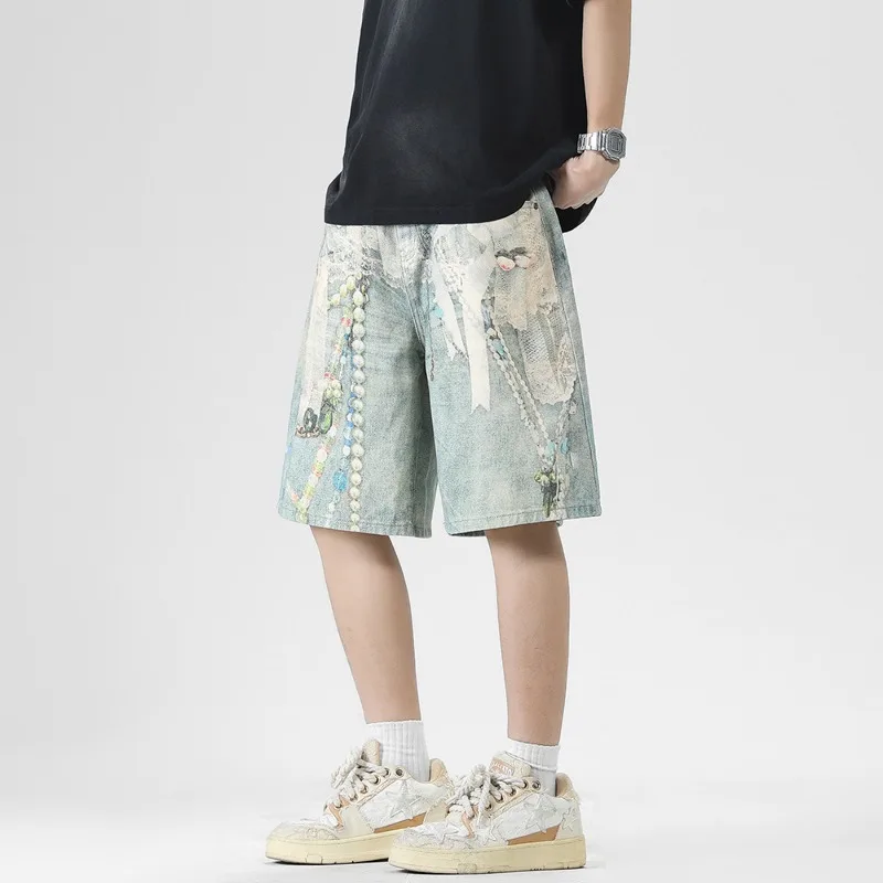 Summer New Lace Pearl Chain Print Men's Jeans Loose Casual Splatterpaint Printed Wide Leg Cropped Knee Lengt Pants view 2