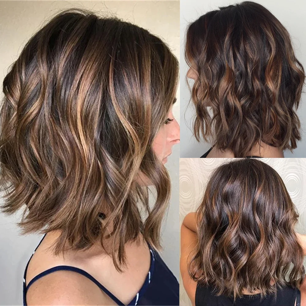 Angesagteste Balayage-Haarperücke in Brunette mit Highlights, kurze Bob-Perücke, 13x4 Lace-Front-Perücke für Damen, hitzebeständiges synthetisches Karamellhaar
