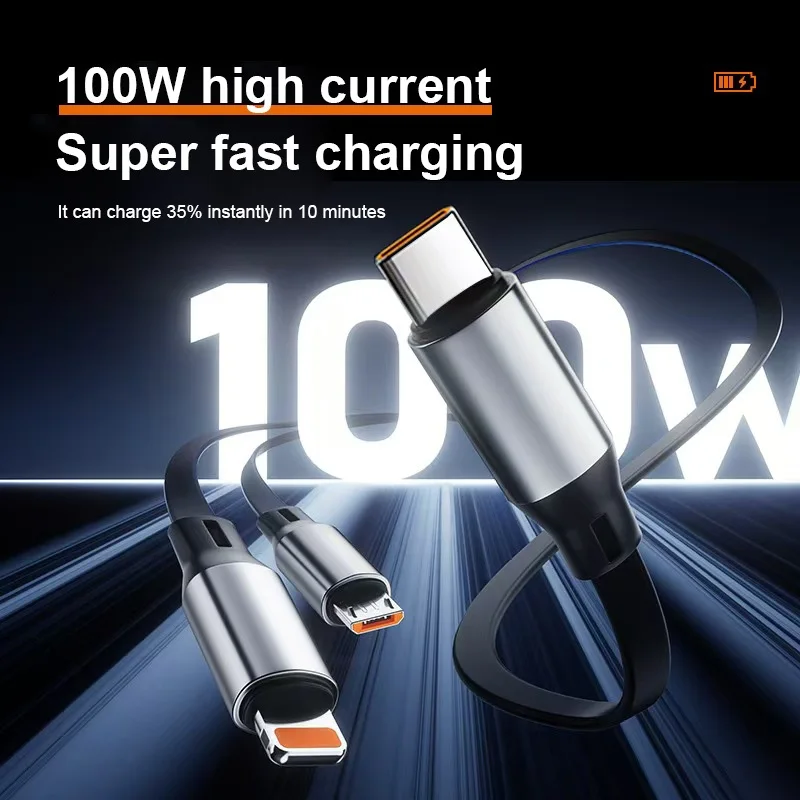 كابل شاحن 3 في 1 متعدد 100 وات من النوع C USB إلى Micro Usb C سلك شحن سريع للغاية قابل للسحب لهاتف آيفون وسامسونج وهواوي