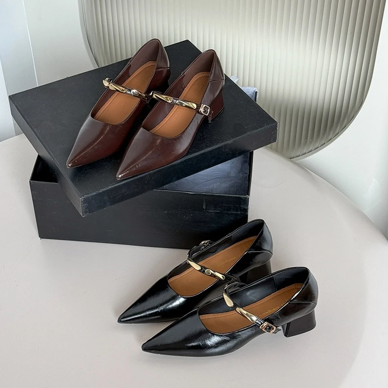 

Leisure Classic Pumps for Women Buckle Strap Hoof Mid Heels Pointed Toe Women Shoes Solid Metal Decoration Fashion Dress Shoes