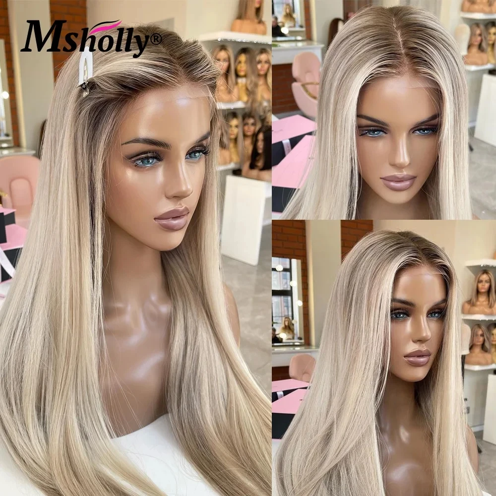 Ombre Ash Blonde Transparent Lace Wigs Human Hair Straight 13x4 Lace Front Wigs For Women Preplucked Blonde Remy Human Hair Wig