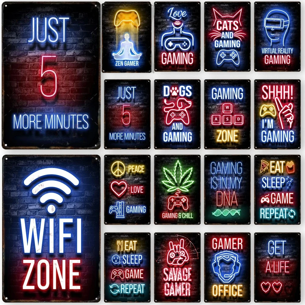 Vintage Metal Tin Signs Decor Gamepad Posters Neon Light Glow Lettering Decorative Game Room Arcade Wall Art Plaque