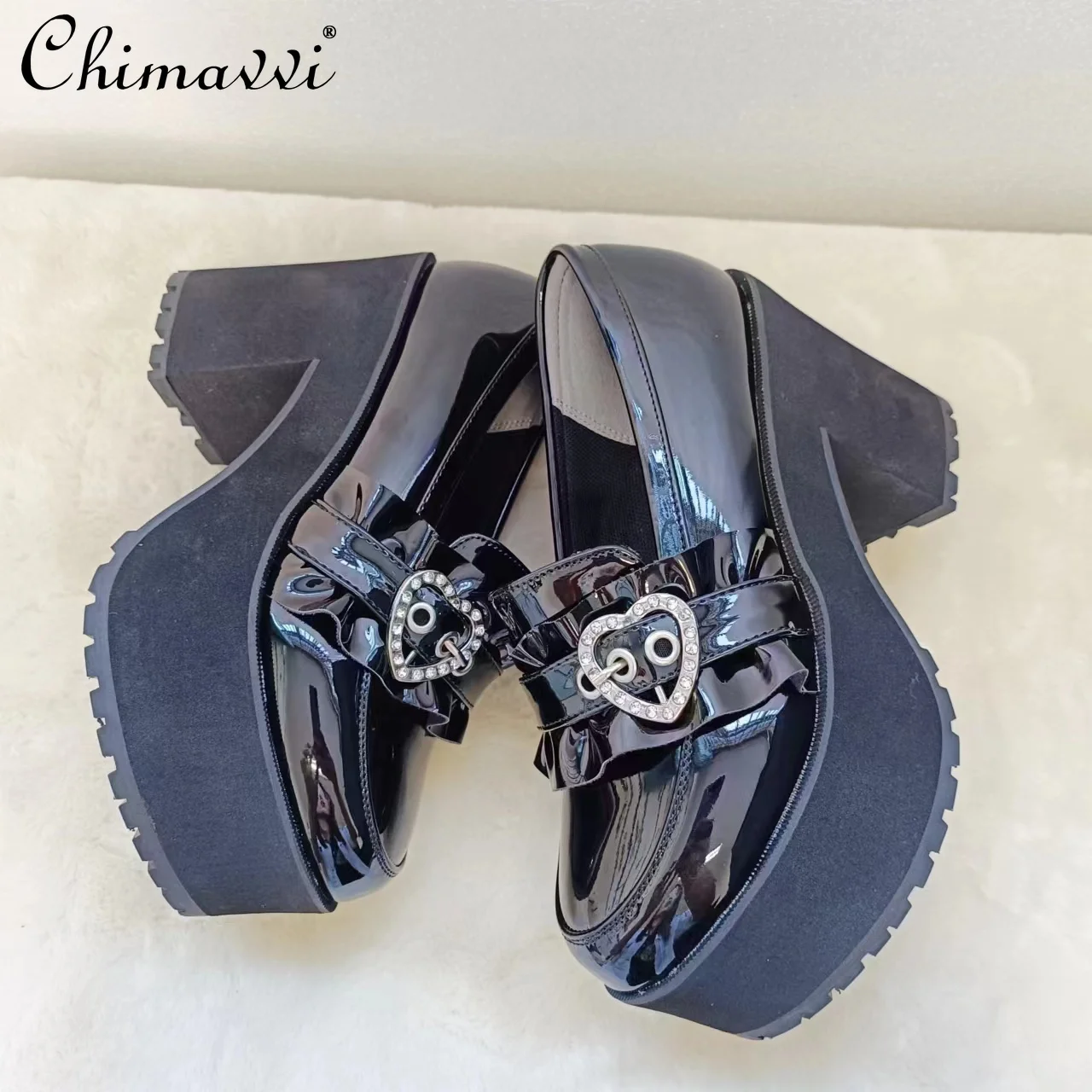 

Japanese Style Sweet Heart Buckle JK Patent Leather Shoes Lady Girls Mine New 2025 Autumn Platform High Heel Women's Black Shoes