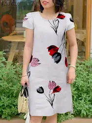 ZANZEA 여름 우아한 짧은 소매 꽃 드레스 캐주얼 휴일 파티 Vestidos 여성 Sundress O 넥 무릎 길이 가운 Femme