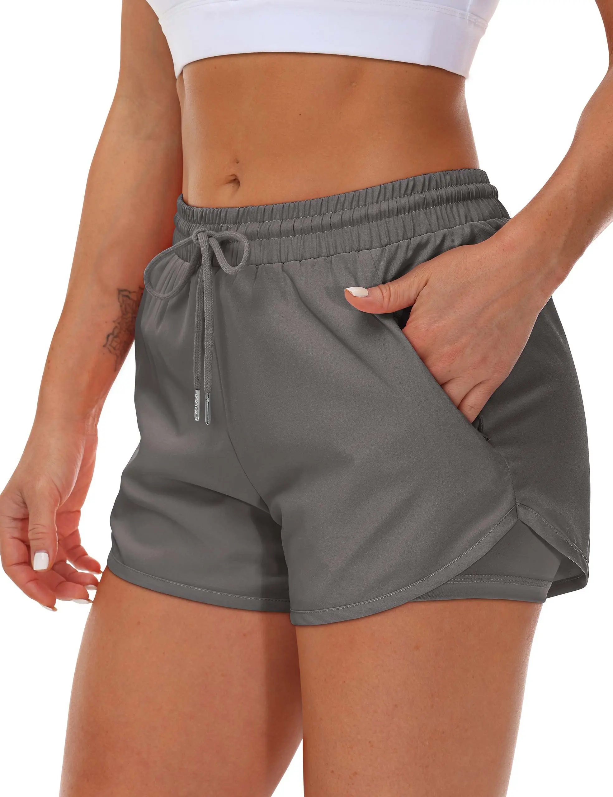 Sportshorts für Damen, zum Laufen, für Yoga, zweiteiliges Design, Shorts mit Anti-Exposition-Funktion, für Fitness, elastisch, figurformende Leggings. – Detail 11
