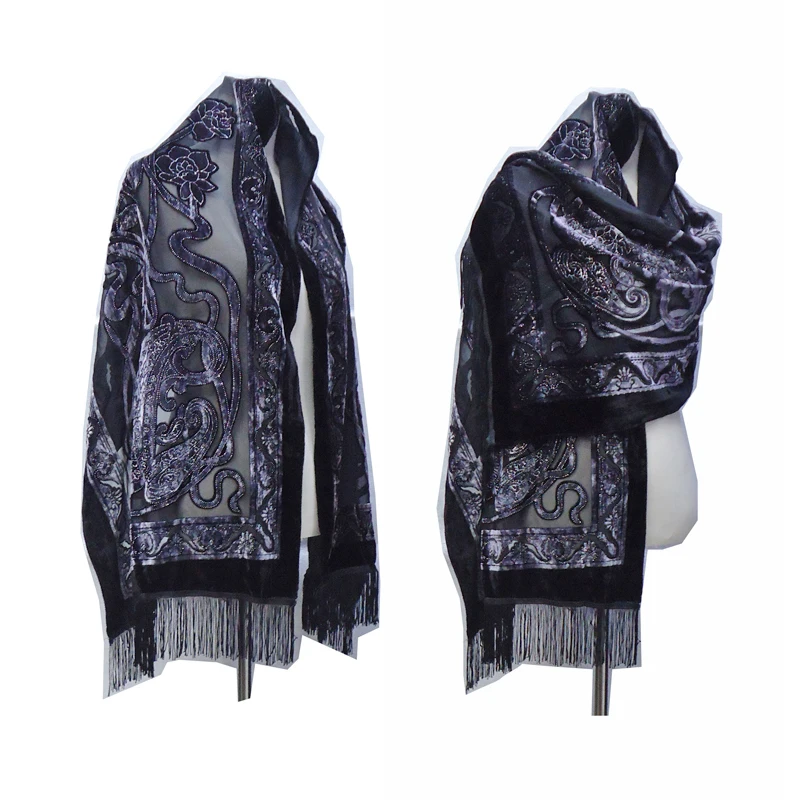 

2022 New Black Glitter Floral Cashew Print Long Scarf Winter Burnout Velvet Hijab Head Scarf Women Luxury Shawl Leopard Poncho