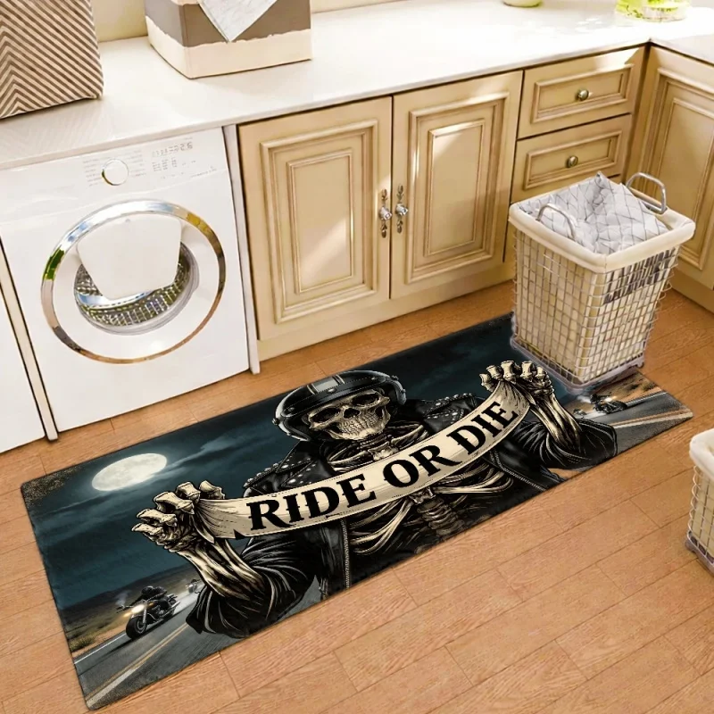 VIKAMA Ride Or Die Skeleton Biker Doormat Skull Rider Night Highway Motorcycle Print Non Slip Absorbent Floor Mat Man Cave Garag