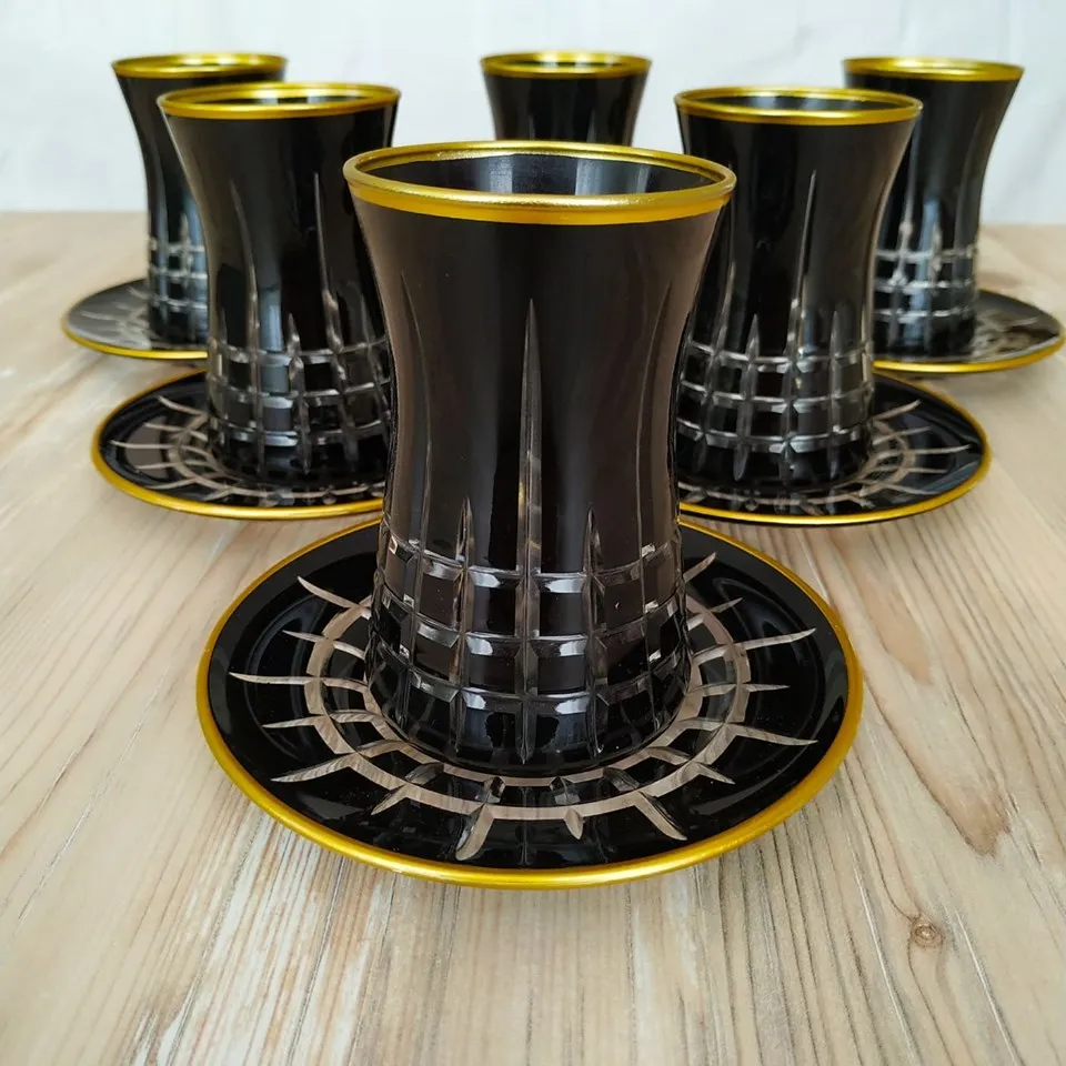 LaModaHome Turkish Arabic Tea Glasses Set of, Fancy Vintage Handmade Set for Serving, Teatime, new Home Wedding Gift 12 Pcs Black C