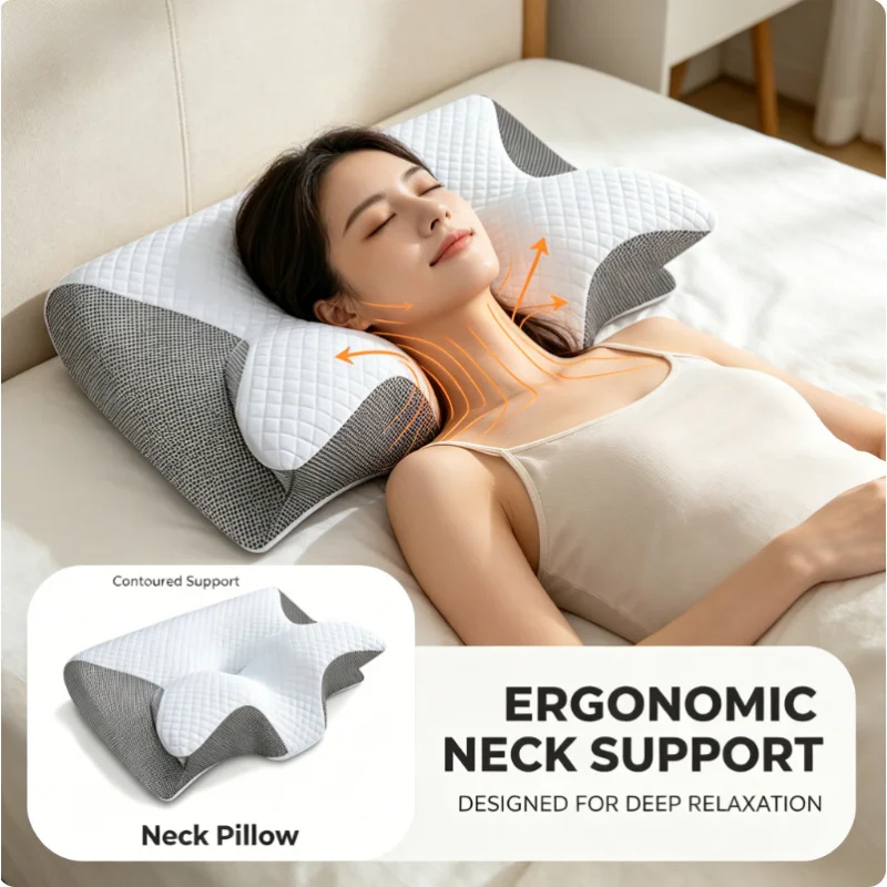 Oreiller cervical orthopédique pour soulager les douleurs cervicales, support ergonomique respirant en mousse à mémoire de forme pour les dormeurs sur le côté, le dos et le ventre
