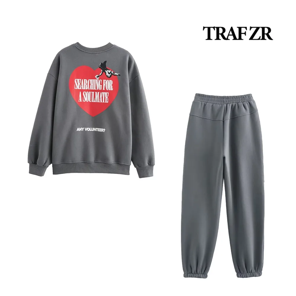 TRAF ZR Casual Y2K Fall Outfit Women's COTTON Sports Suit Cupid Text Print Sweatshirt Matching Comfy Joggings Two Piece Lady Set