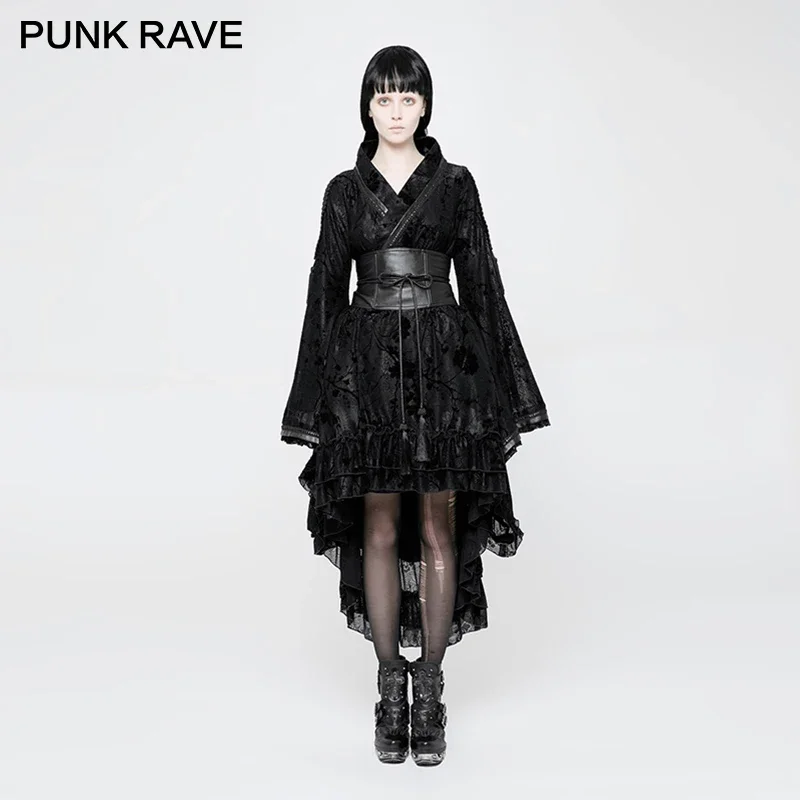 

PUNK RAVE Lolita Women Loose Profile Lace Dresses Soft Satin Fabric Independent Waist Seal Flocking Printing Modern Kimono