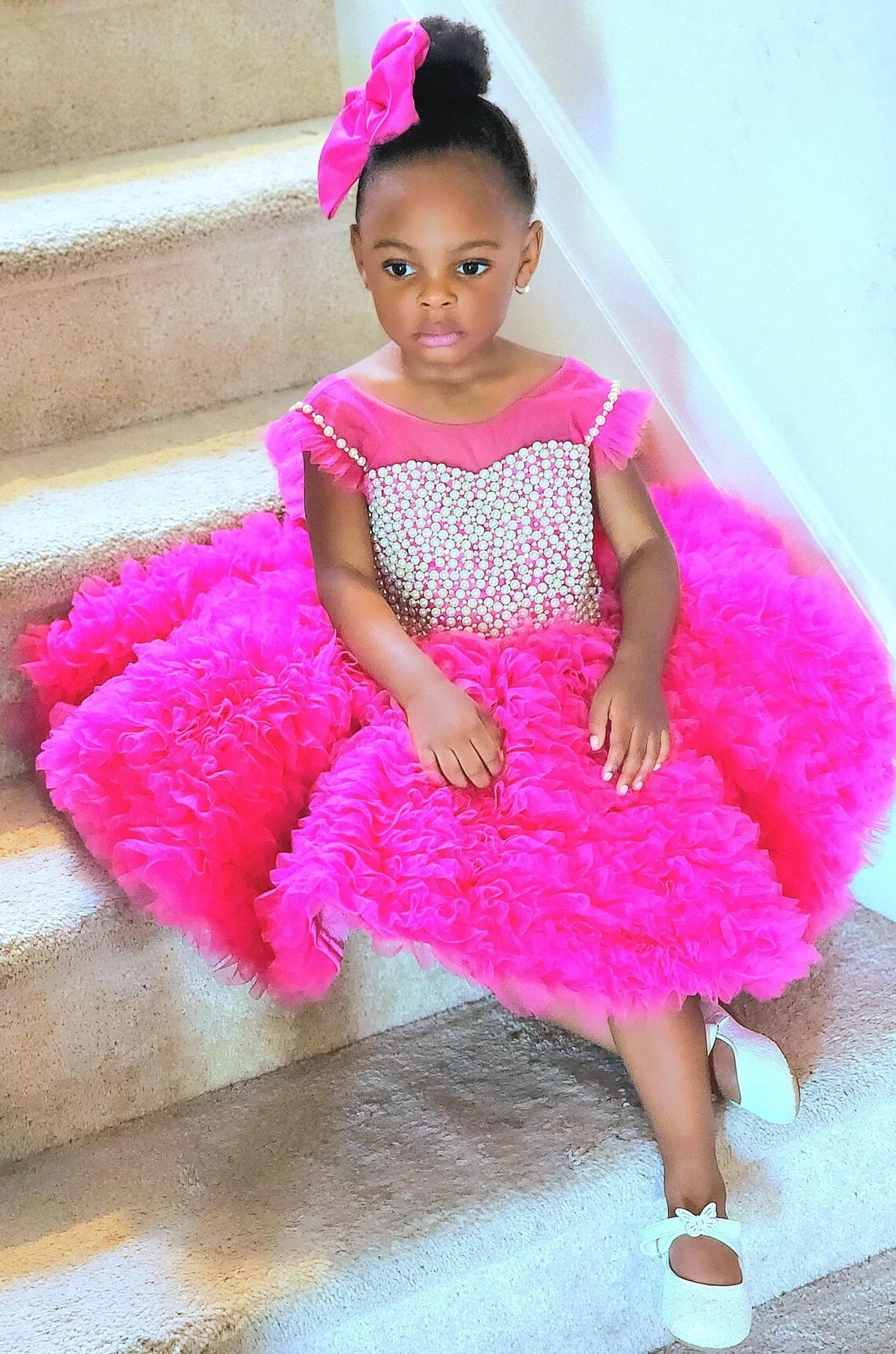 Fuchsia Short Pearls Flower Girl Dresses Baby Girl Tiered Tulle Princess Dress Knee Length Kids Girls Birthday Party Gowns