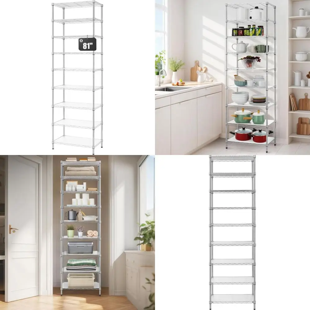 

9-ярусный регулируемый стеллаж из стальной проволоки, высота 81 см, 9 полок, металлическая полка для хранения с полиэтиленовым покрытием, хромированный