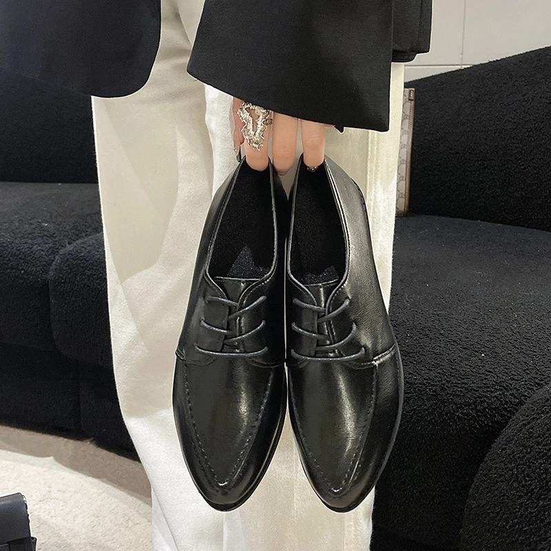 

2024 Spring and Autumn New Leather Shoes Women's Square Heel Pointed Toe Oxford Shoes Derby Casual Fashion Women's Dress Shoes