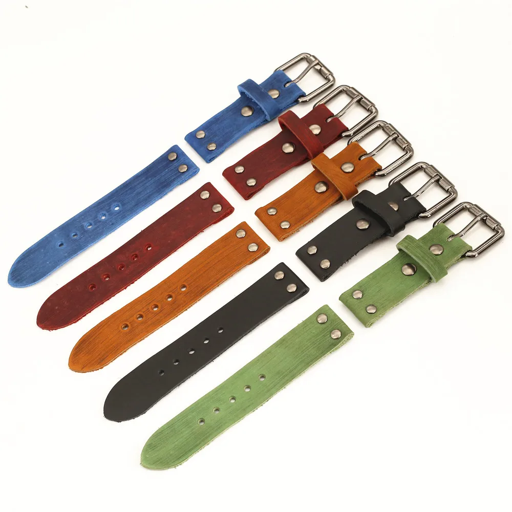 22mm Brown Black Red Blue Genuine Leather Watchband Men Punk Pin Belt 24mm WatchStrap Homme Jewelry